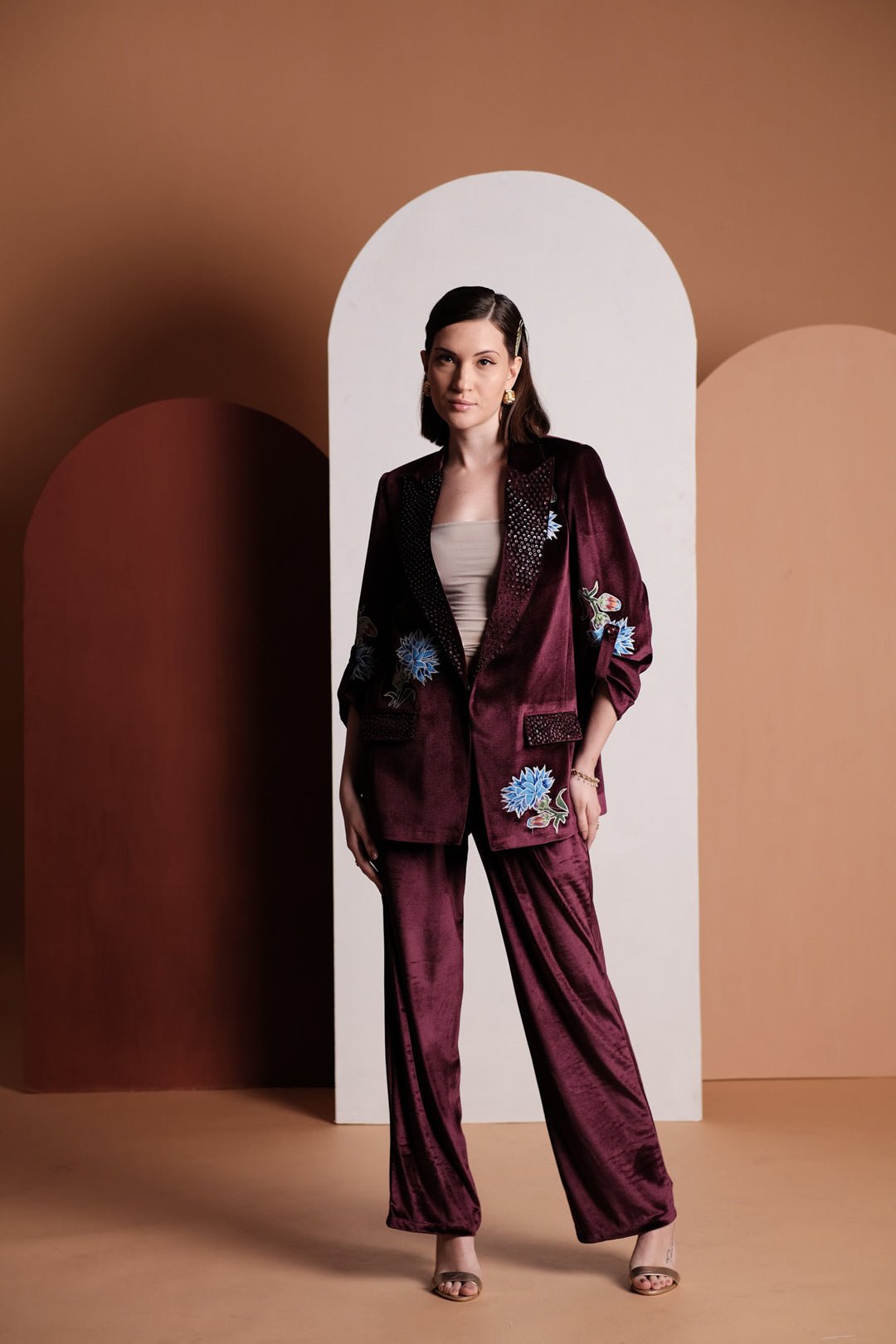 Wine Stretch Velvet Floral Blazer and Wide-Leg Co-ord Set