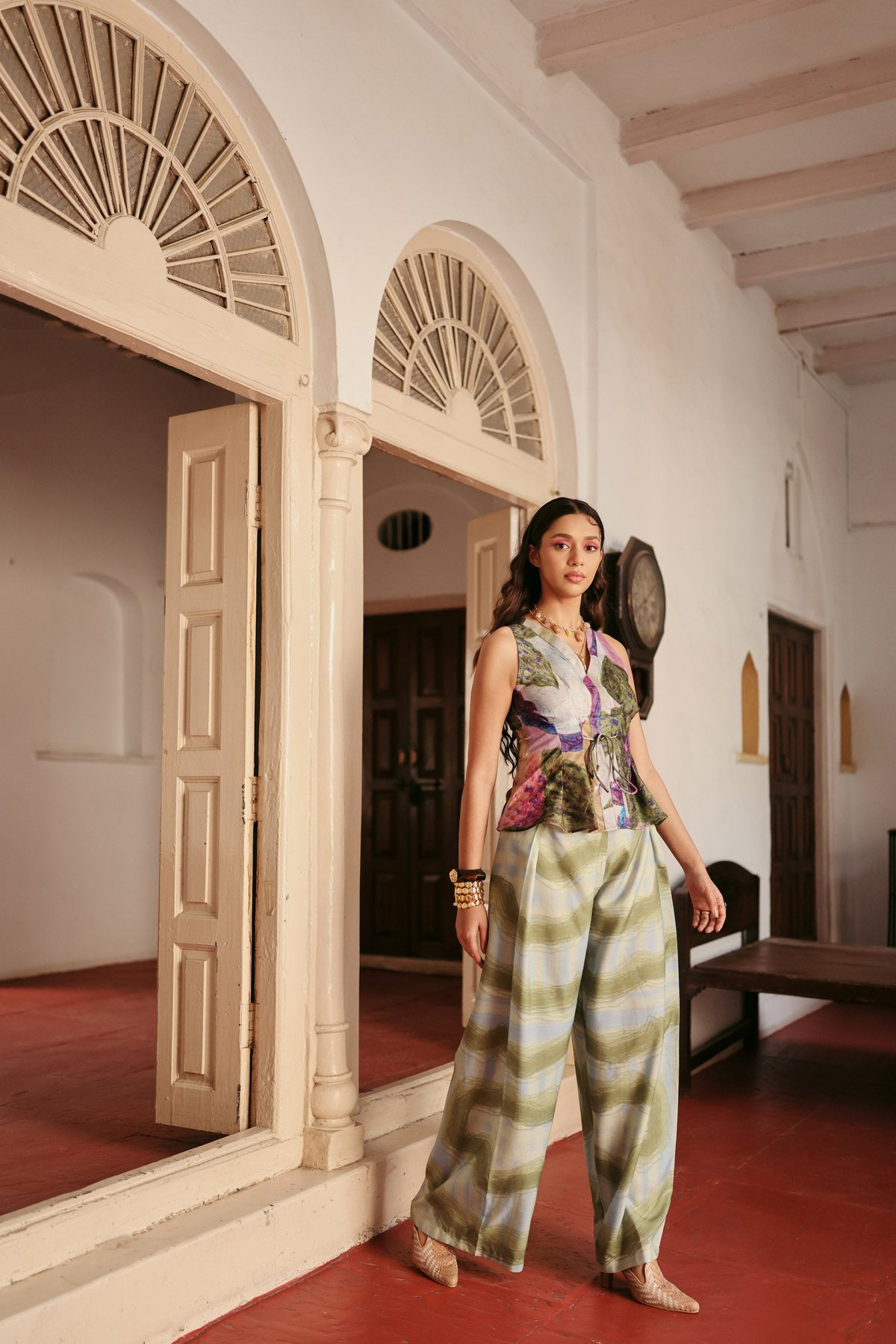 LightBlue Linen Wide-Leg Abstract Printed Pants