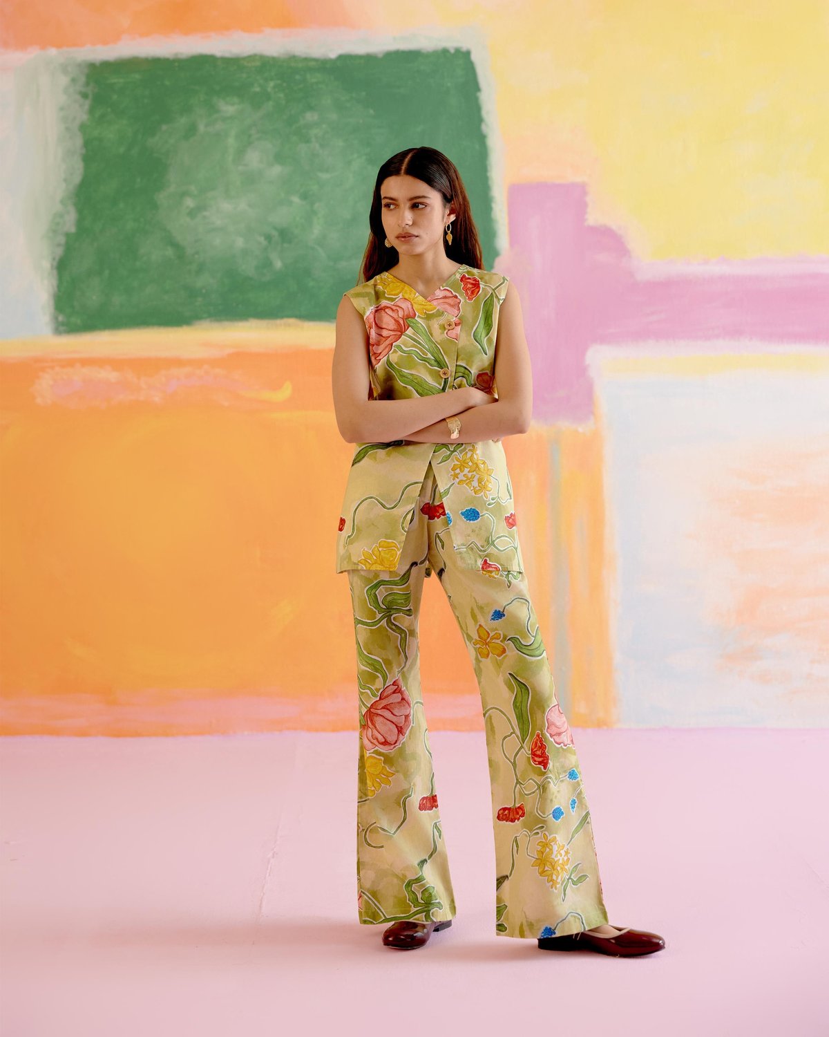 Green/Pink Floral Printed Cotton Poplin Co-ord Pants Set