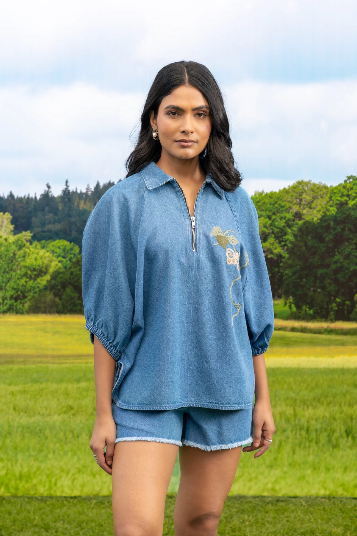 Light Denim Half-Zip Raglan Shirt with Embroidery