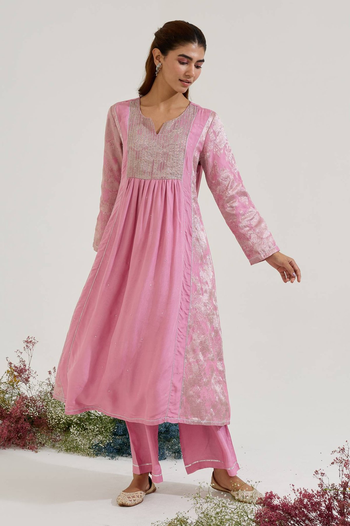 Lilac Jacquard Anarkali Kurta Set with Wide-Leg Pants