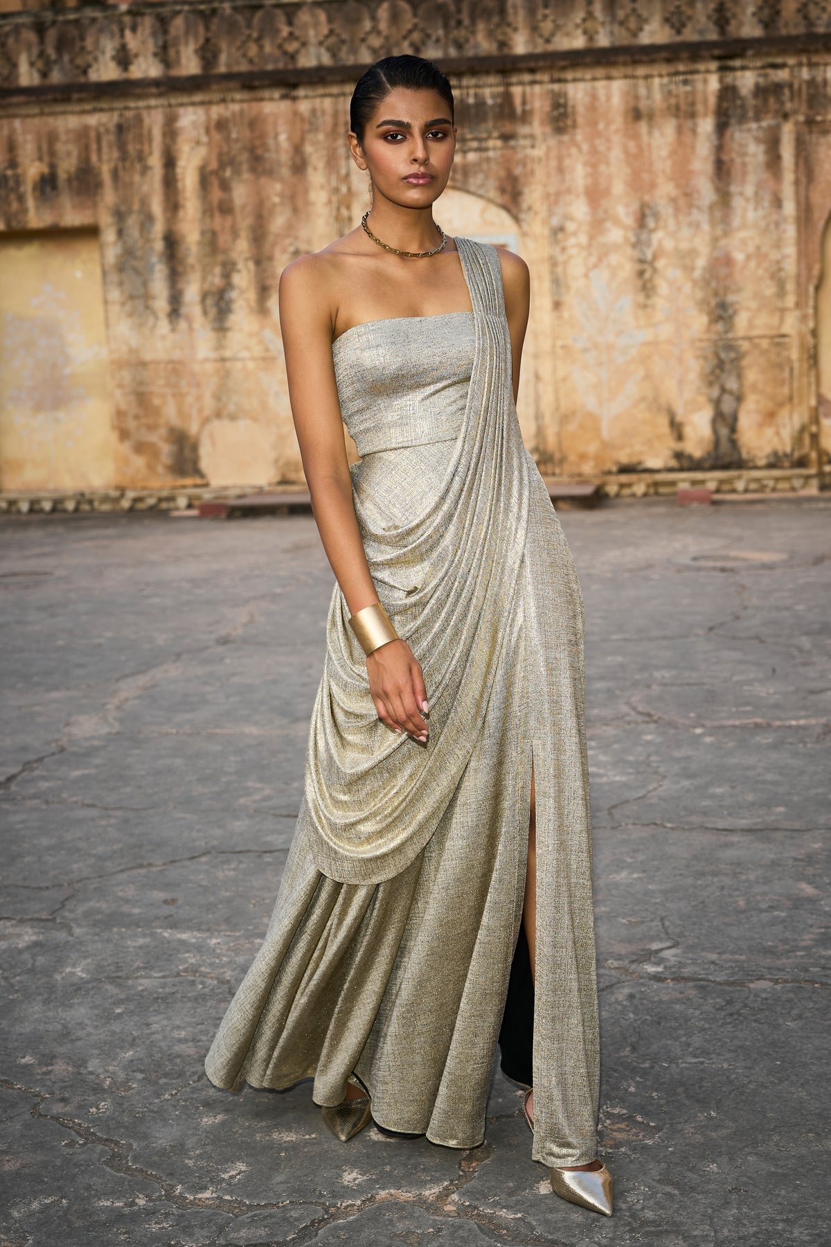 Champagne Metallic Sari Drape Maxi Gown