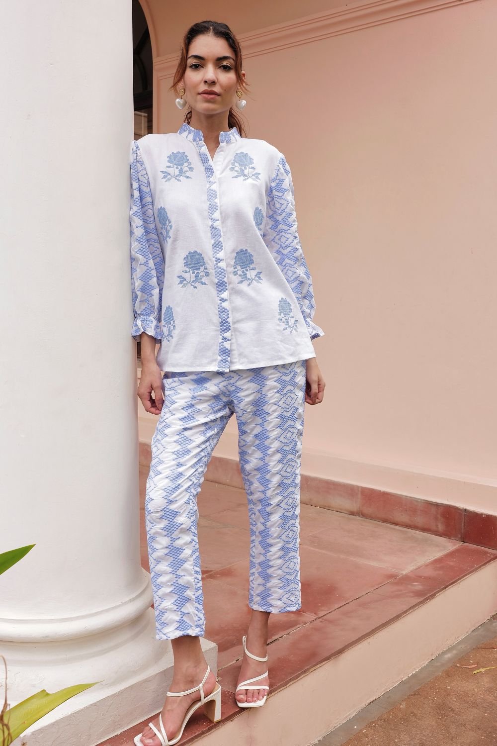 White and Blue Embroidered Shirt and Pants Co-ord Set