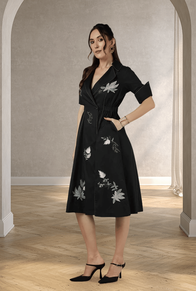 Black Suiting Wrap Midi Dress with Botanical Embroidery