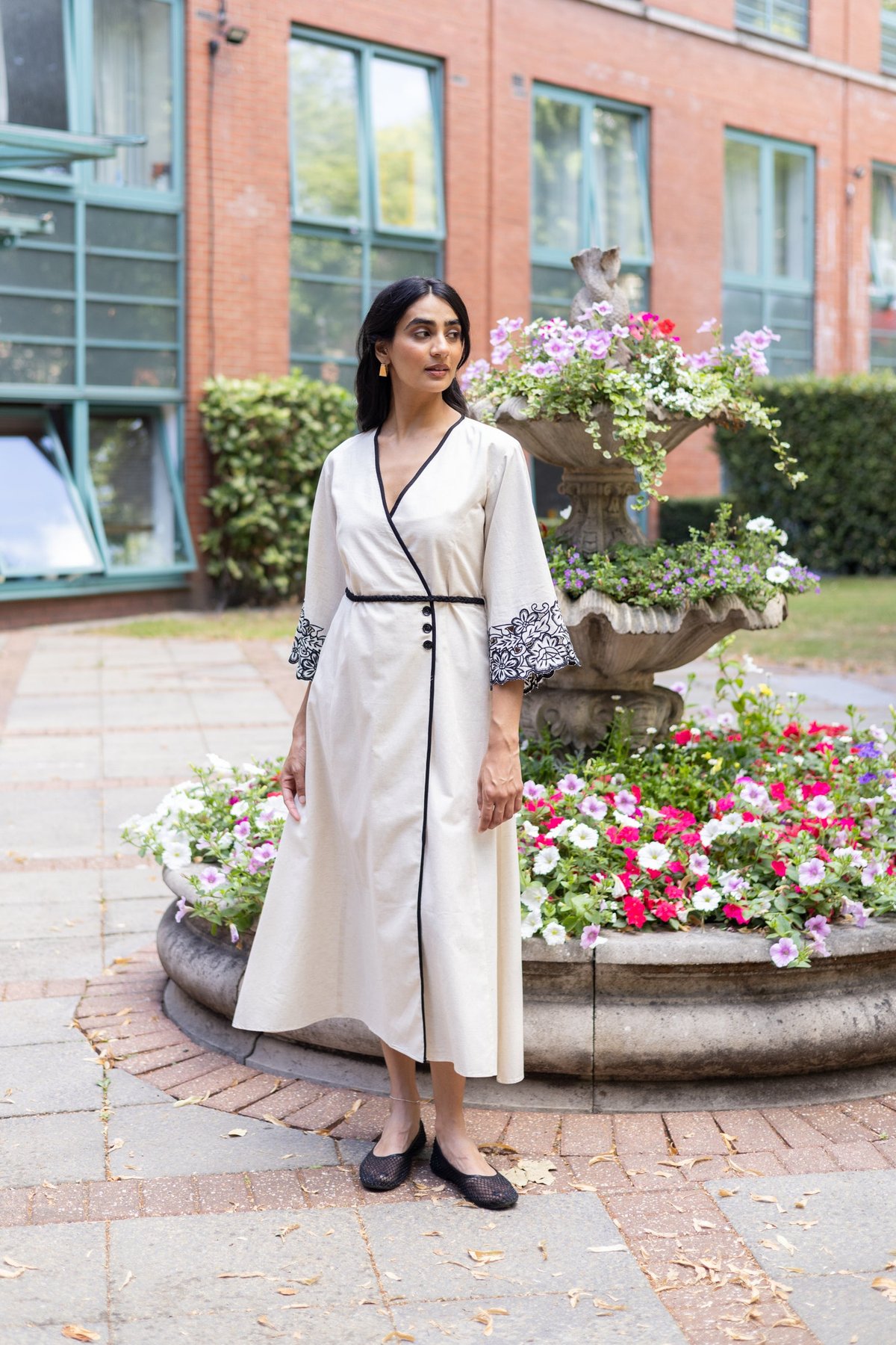 Cream Linen Cotton Wrap Midi Dress with Cutwork Cuffs