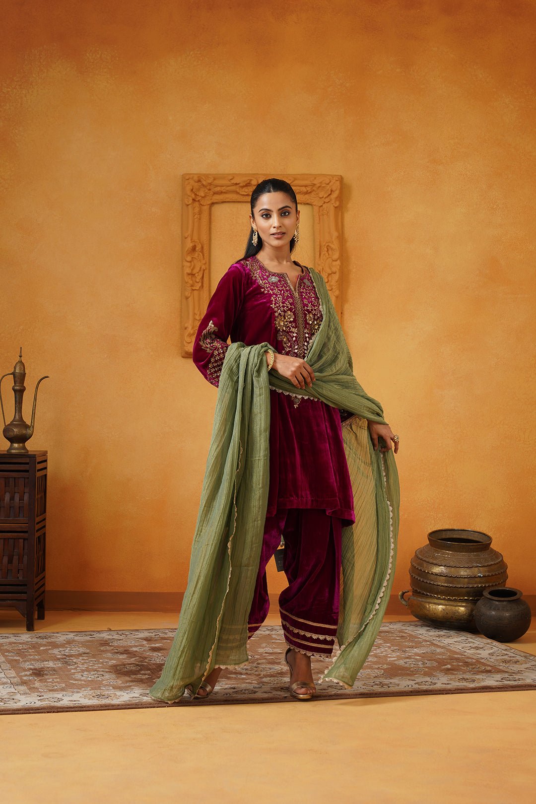 Deep Magenta Velvet Embroidered Kurta Set with Dupatta