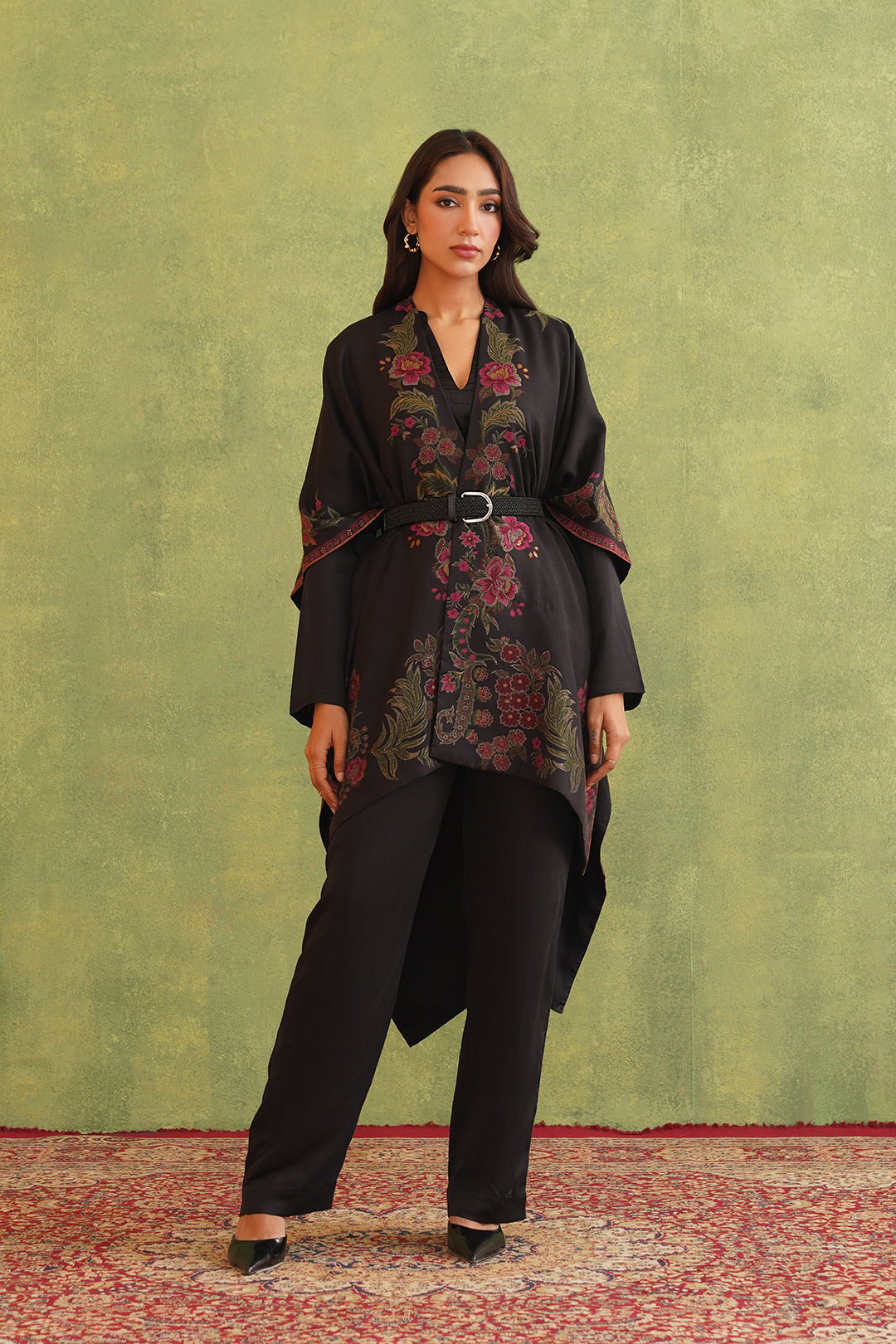 Black Wool-Blend Floral Border Cape