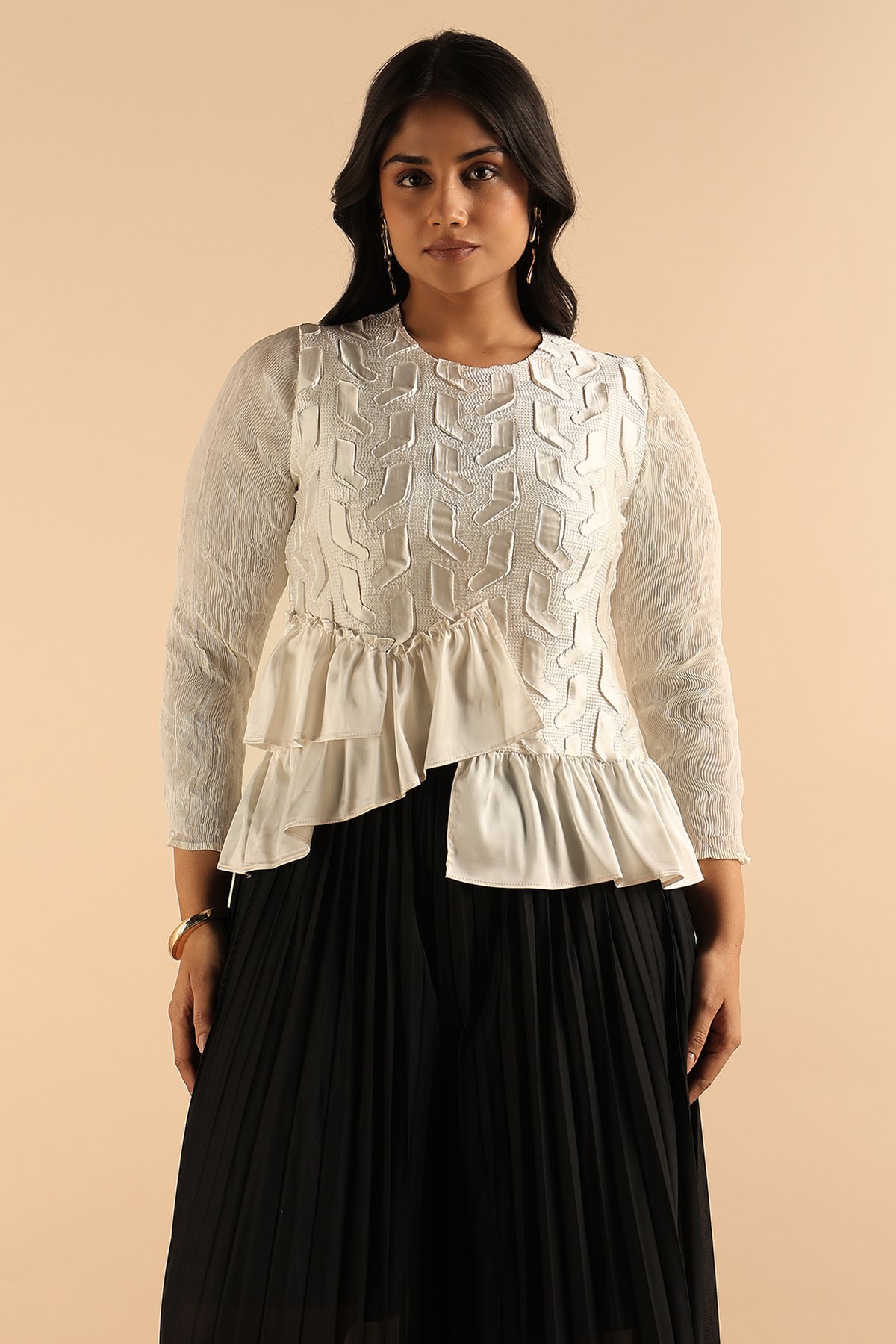 Ivory Textured Peplum Top with Tiered Ruffle Hem