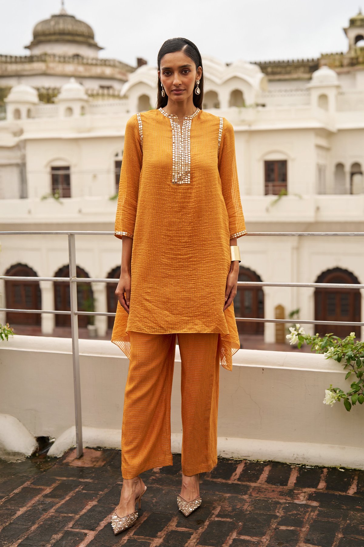 Amber Metallic Stripe Tissue Straight-Leg Trousers