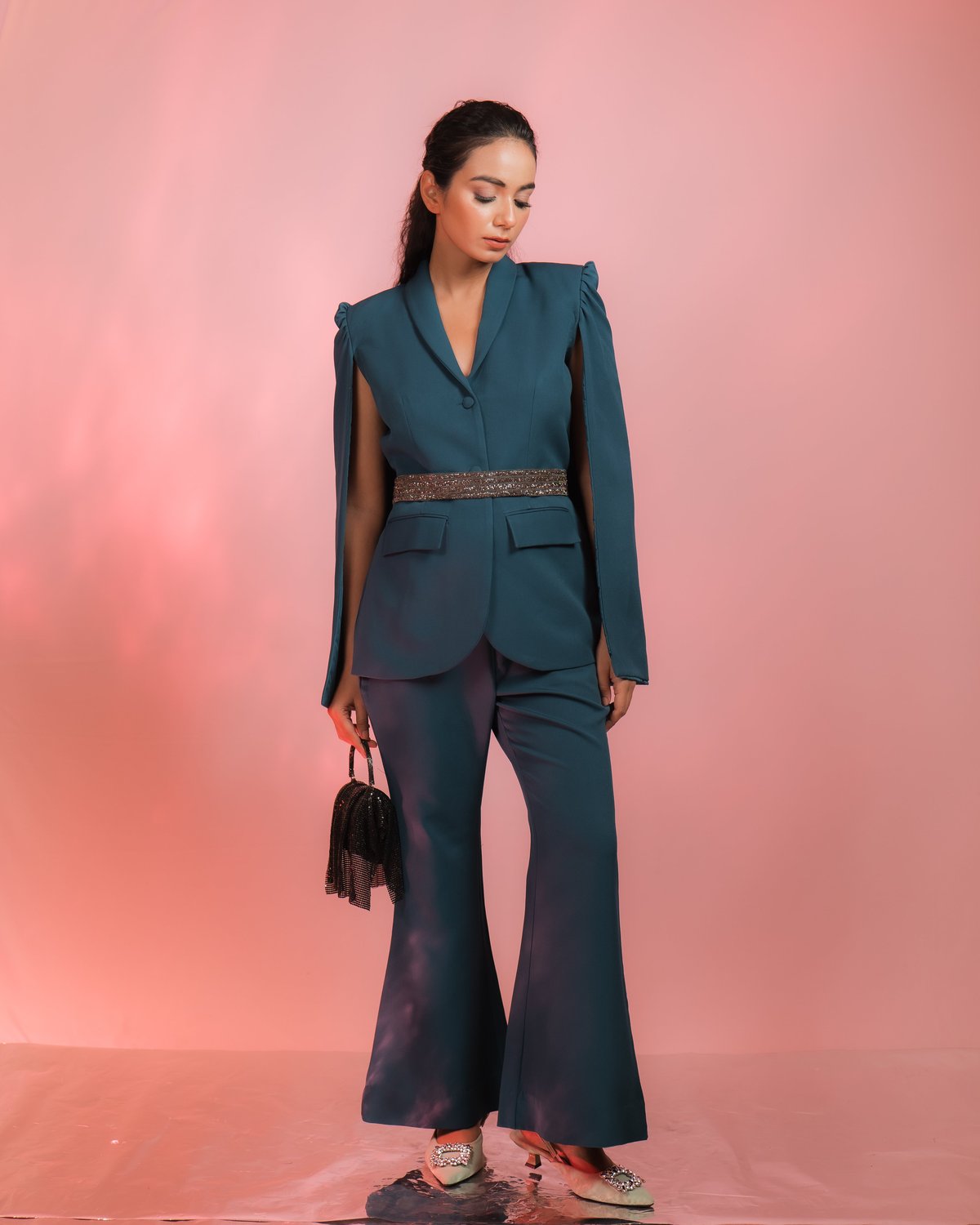 Teal Cape Blazer and Flared Pants Co-ord Set