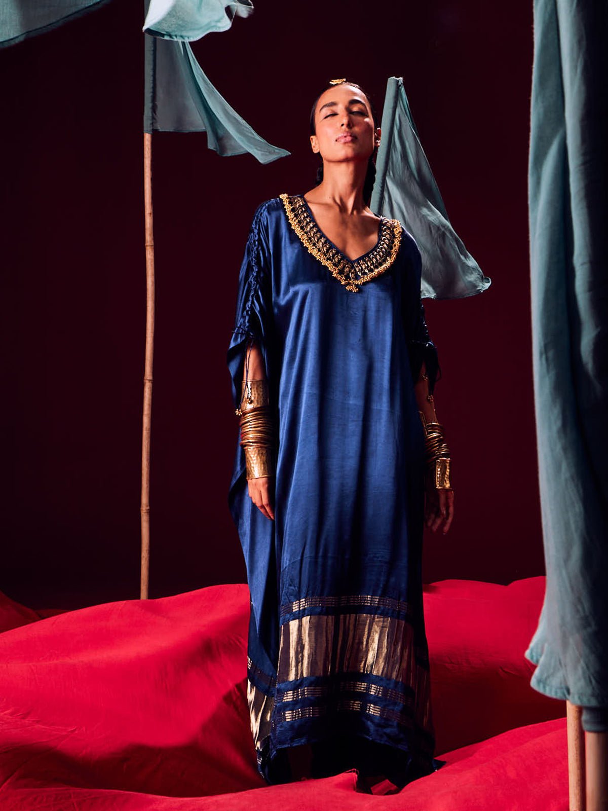 Blue Modal Satin Kaftan and Pant Co-ord Set