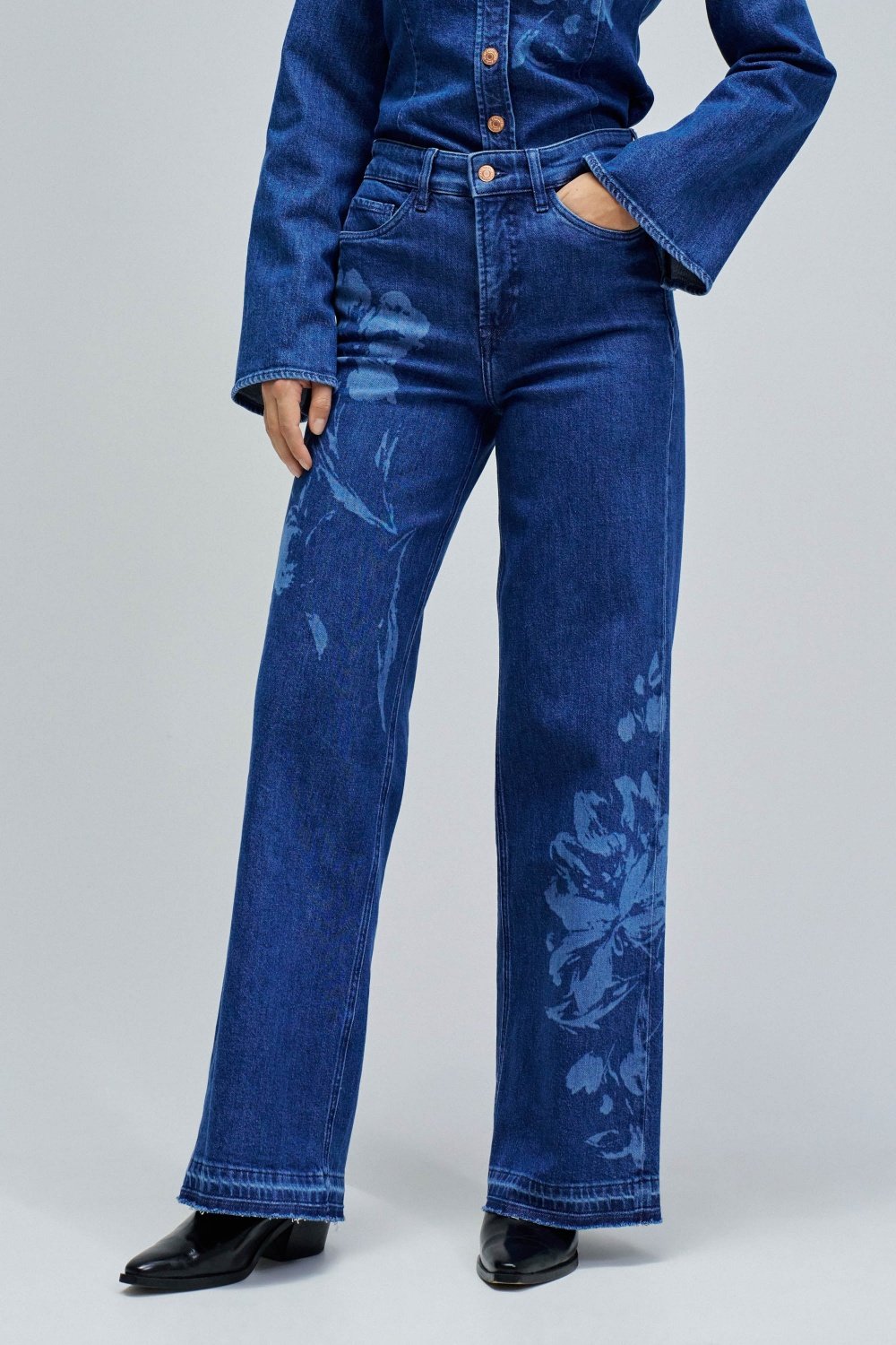 Blue High-Rise Wide-Leg Floral Print Jeans