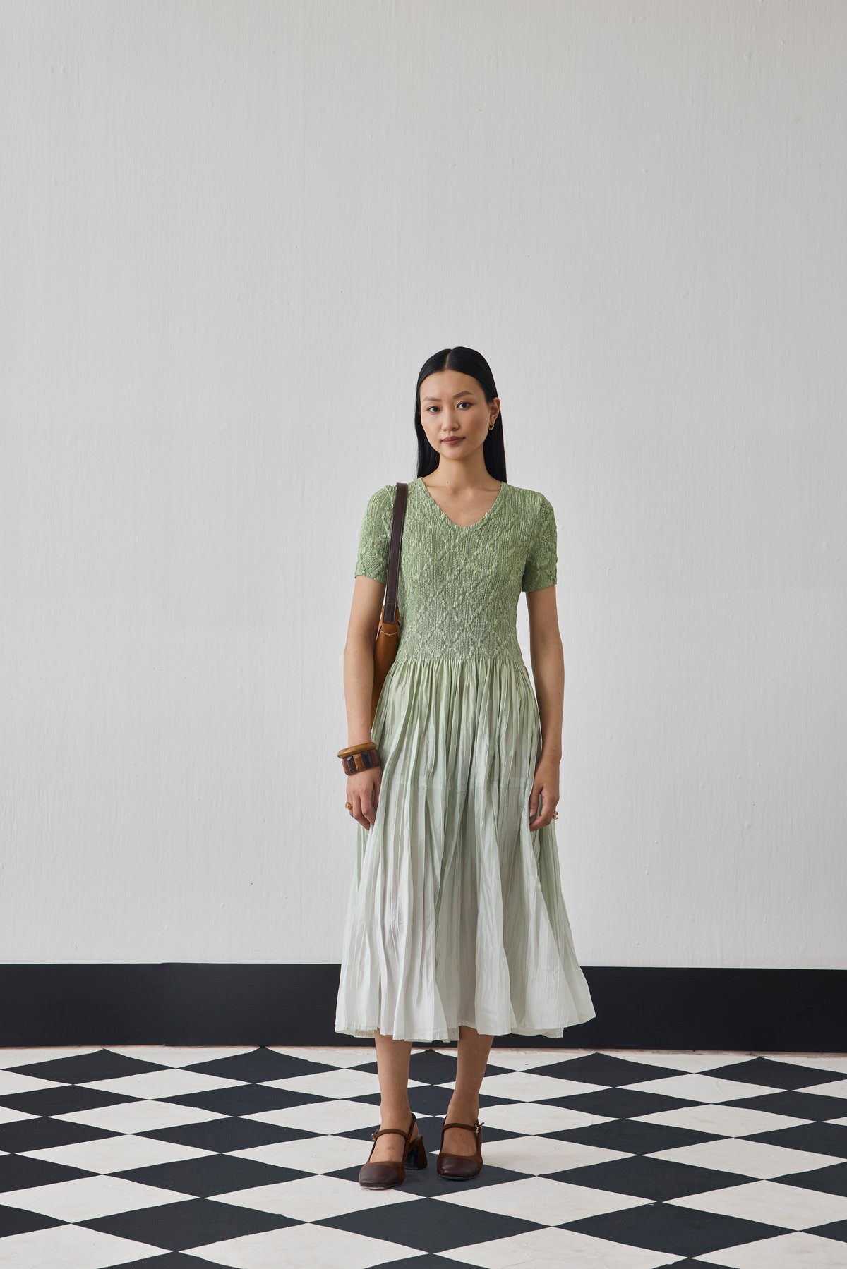 Mint Green Fit and Flare Smocked Midi Dress