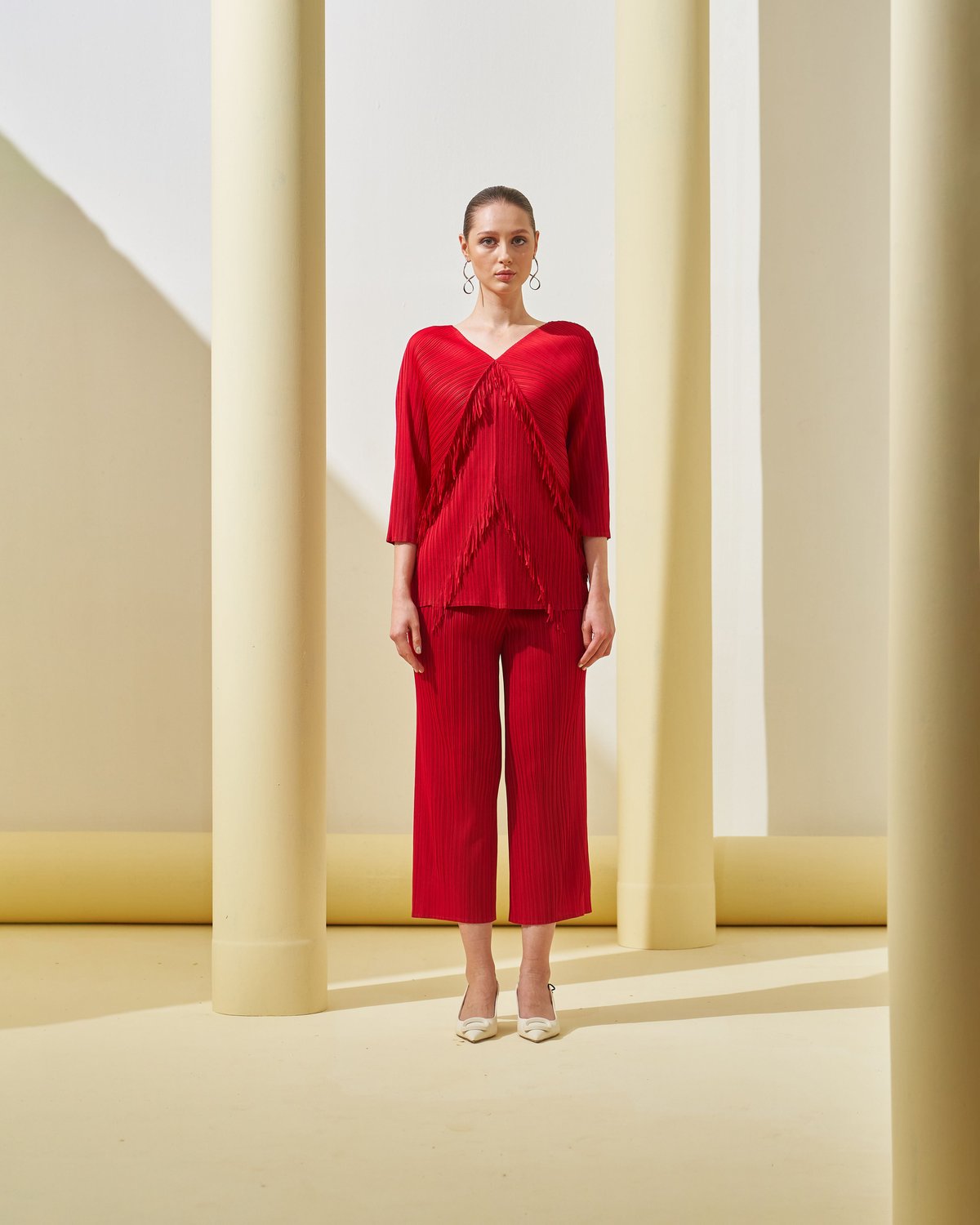Red Micro-Pleated Top and Wide-Leg Pants Co-ord Set