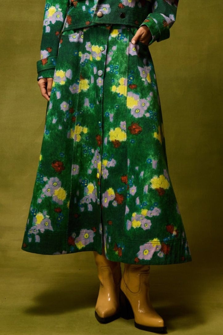Green Floral Printed Denim A-Line Midi Skirt