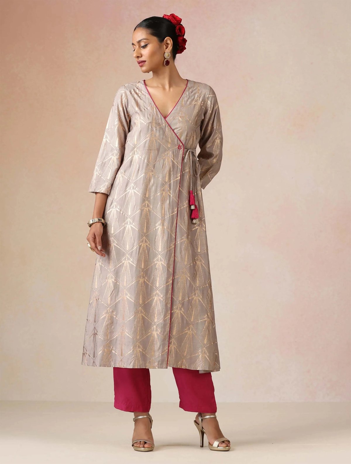 Grey Rose-Gold Foil Print Angrakha Kurta Set