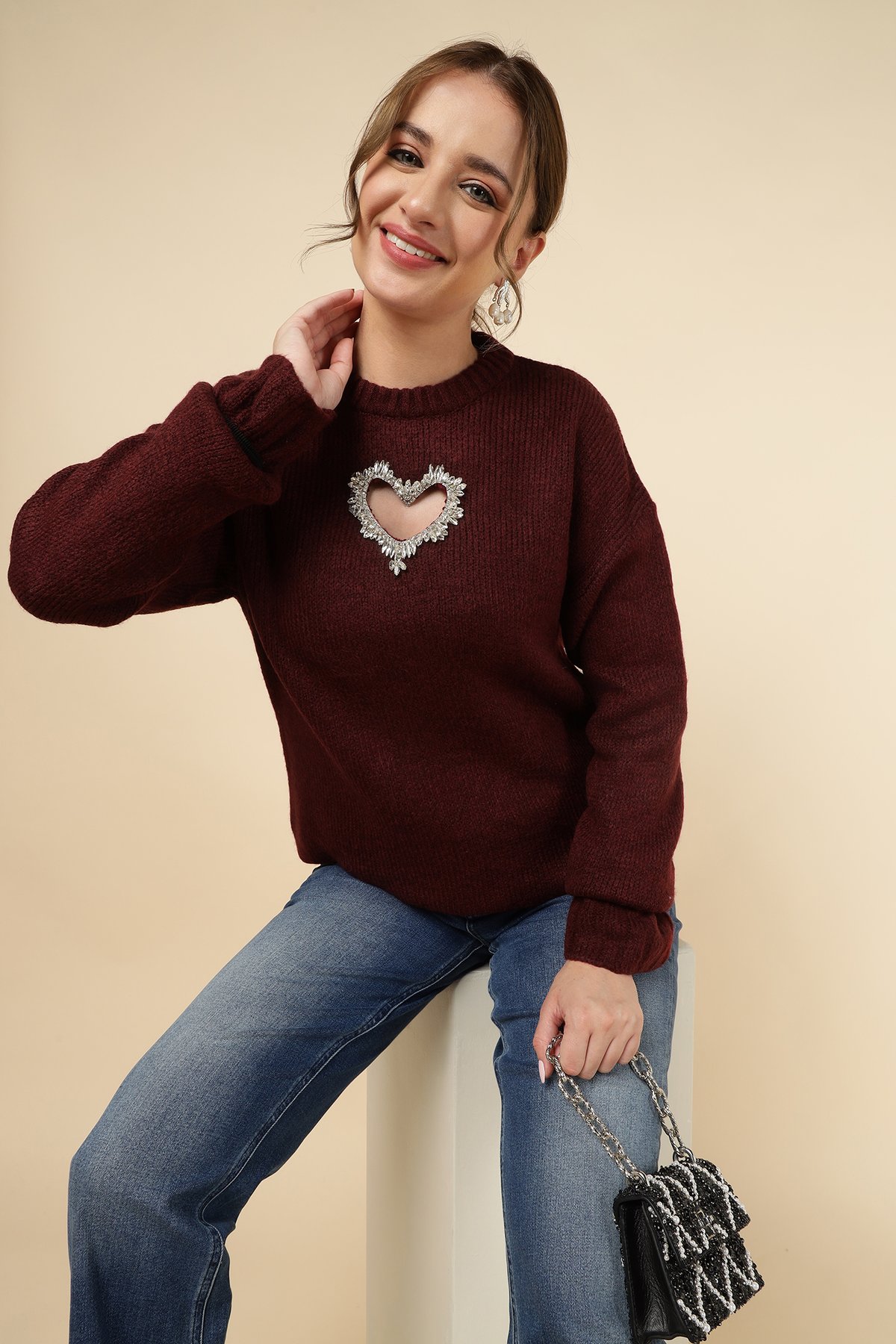 Burgundy Rib-Knit Pullover Sweater with Heart Cut-Out