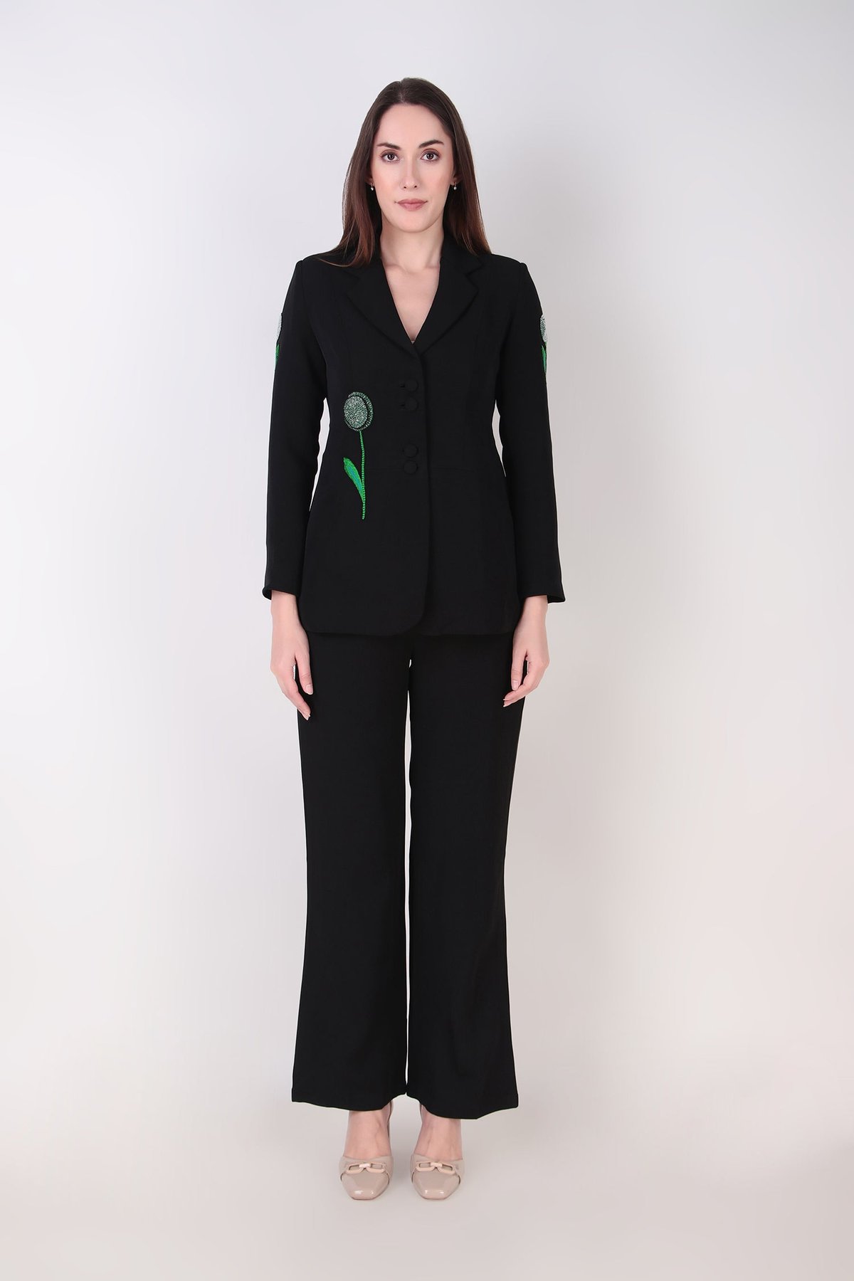 Black Embroidered Blazer and Wide-Leg Trouser Co-ord Set