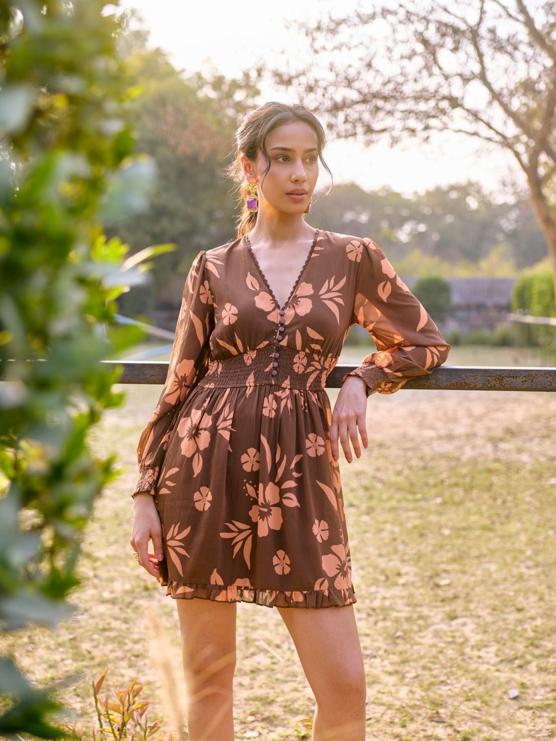 Brown Floral Smocked Waist Mini Dress