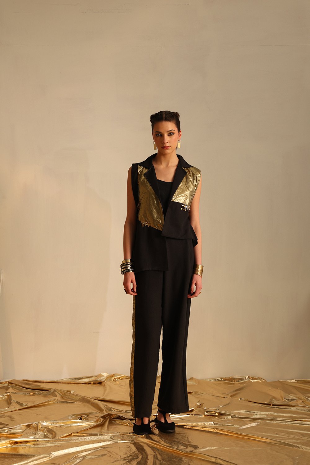 Black and Gold Foil Sleeveless Blazer Co-ord Set
