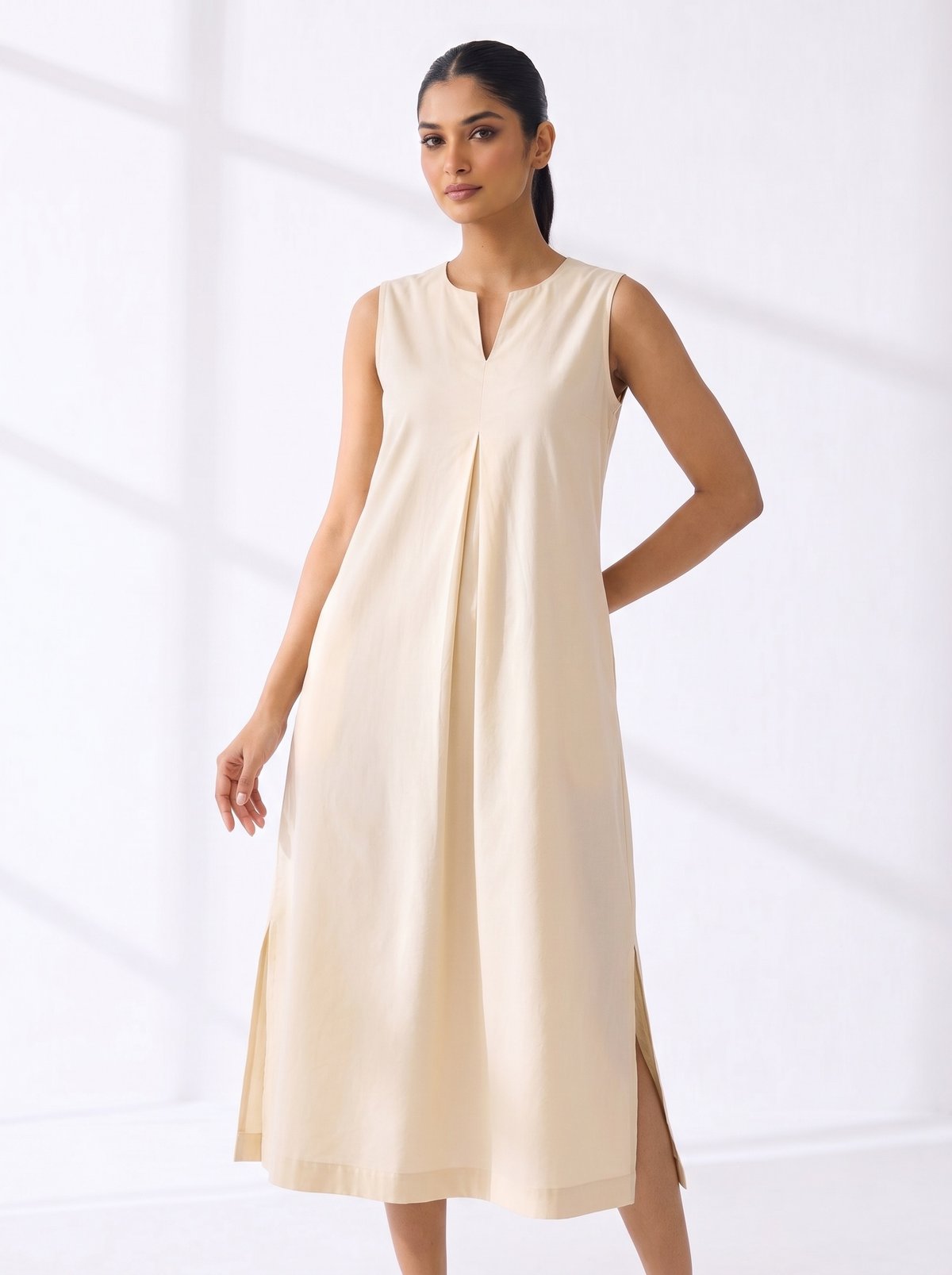Ecru Sleeveless A-Line Midi Dress with Side Slits