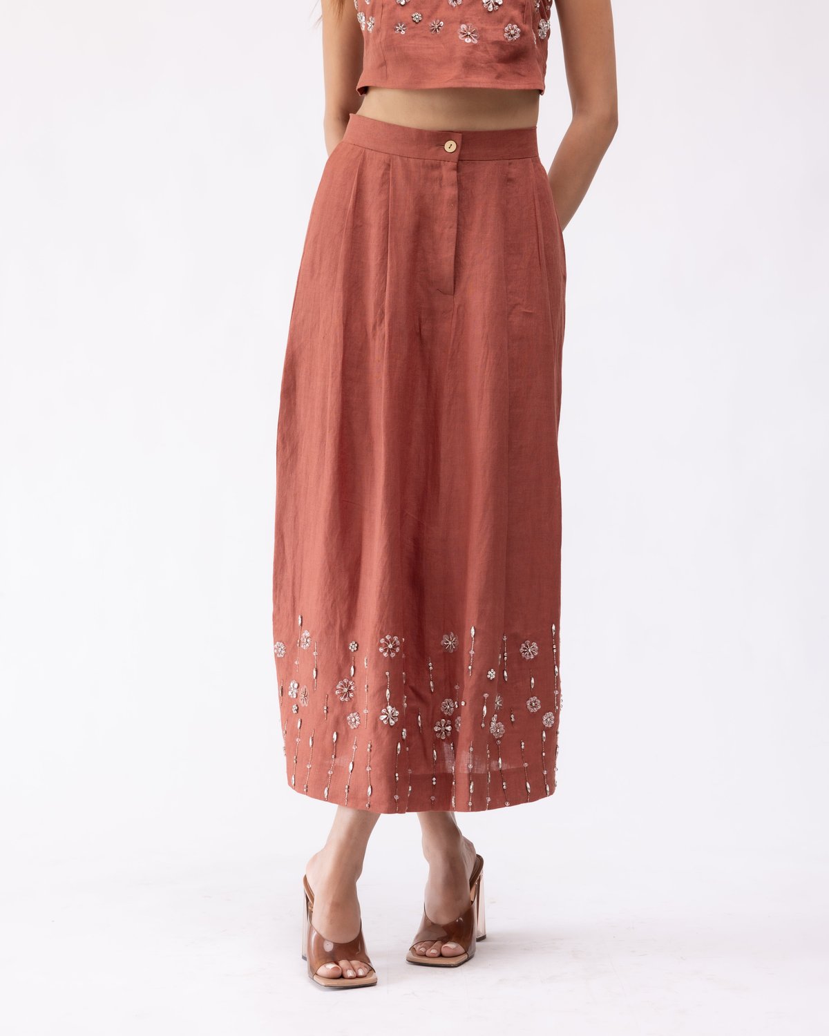 Burnt Orange Linen Pleated Midi Skirt with Embellishment