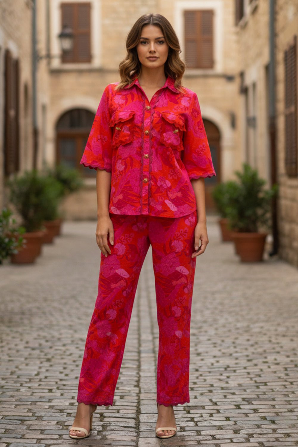 Red/Purple Floral Printed Shirt and Pant Co-ord Set