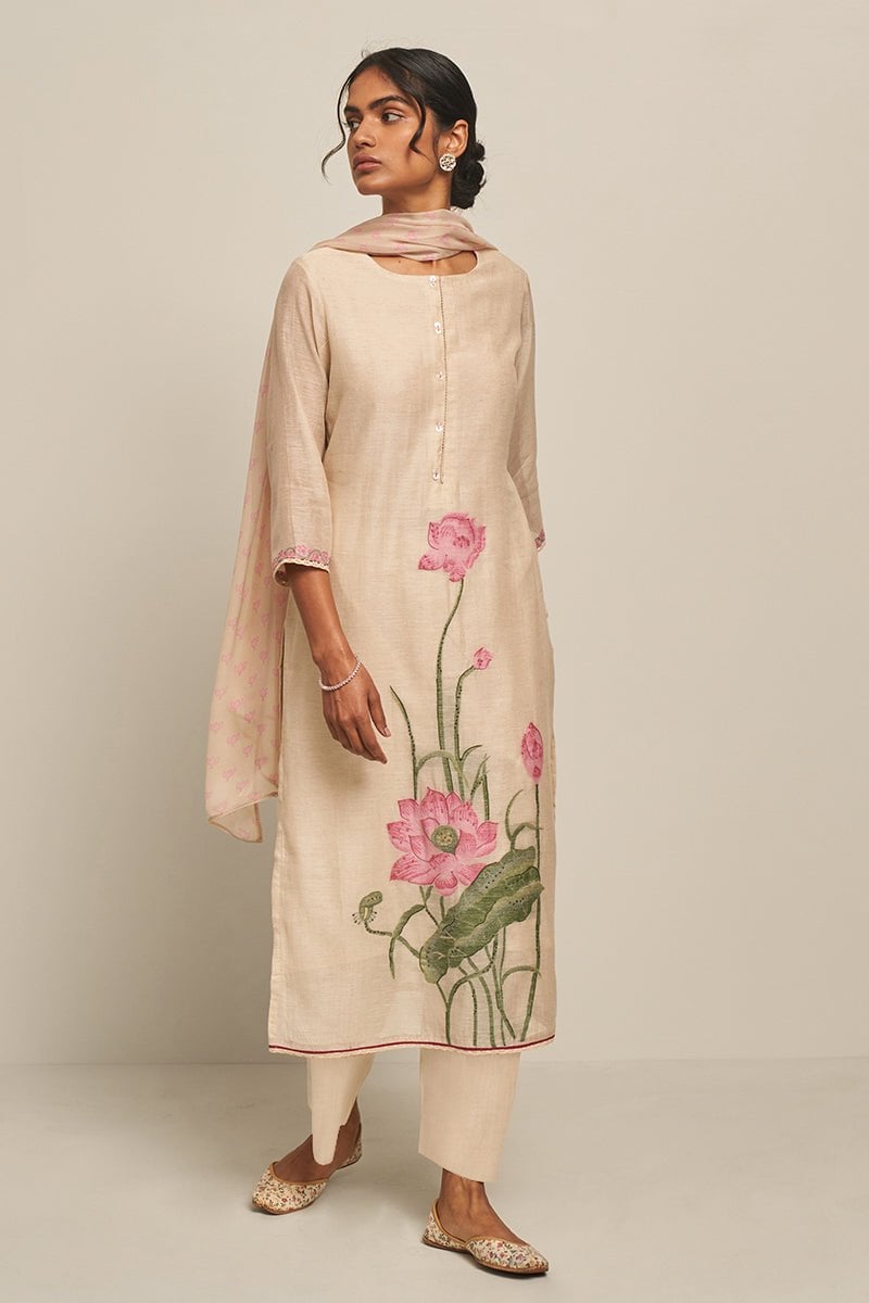 Parchment Beige Cotton Linen Lotus Print Kurta Set