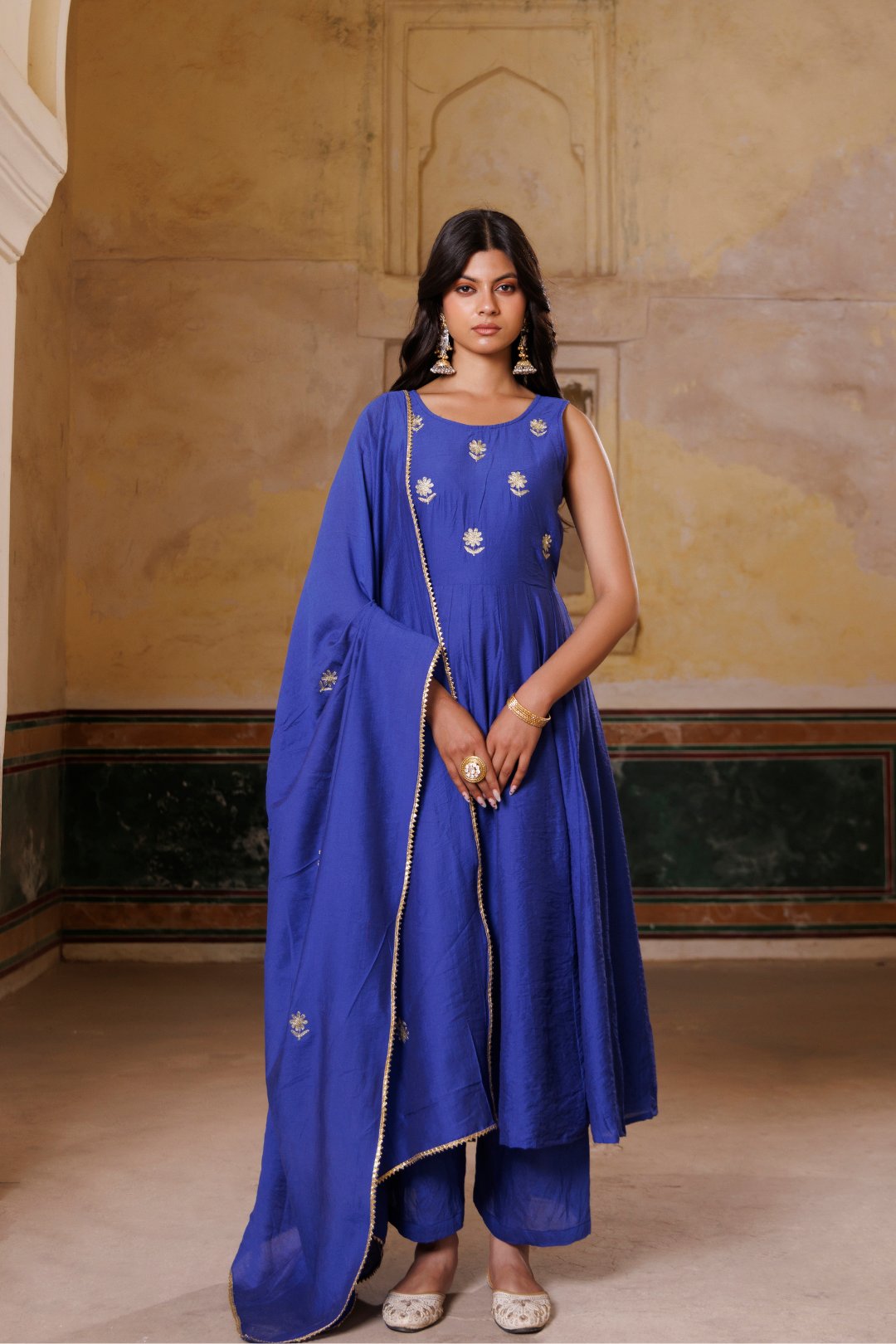 Blue Embroidered Chanderi Anarkali Set