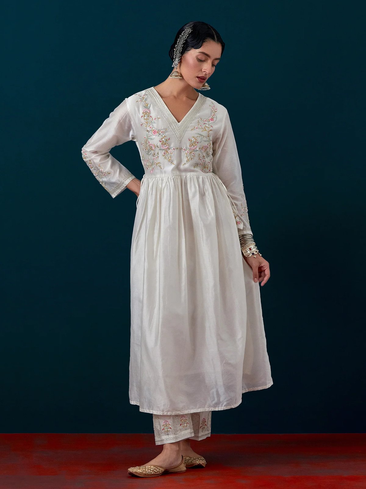 Off White Silk Chanderi Embroidered Yoke Kurta Set