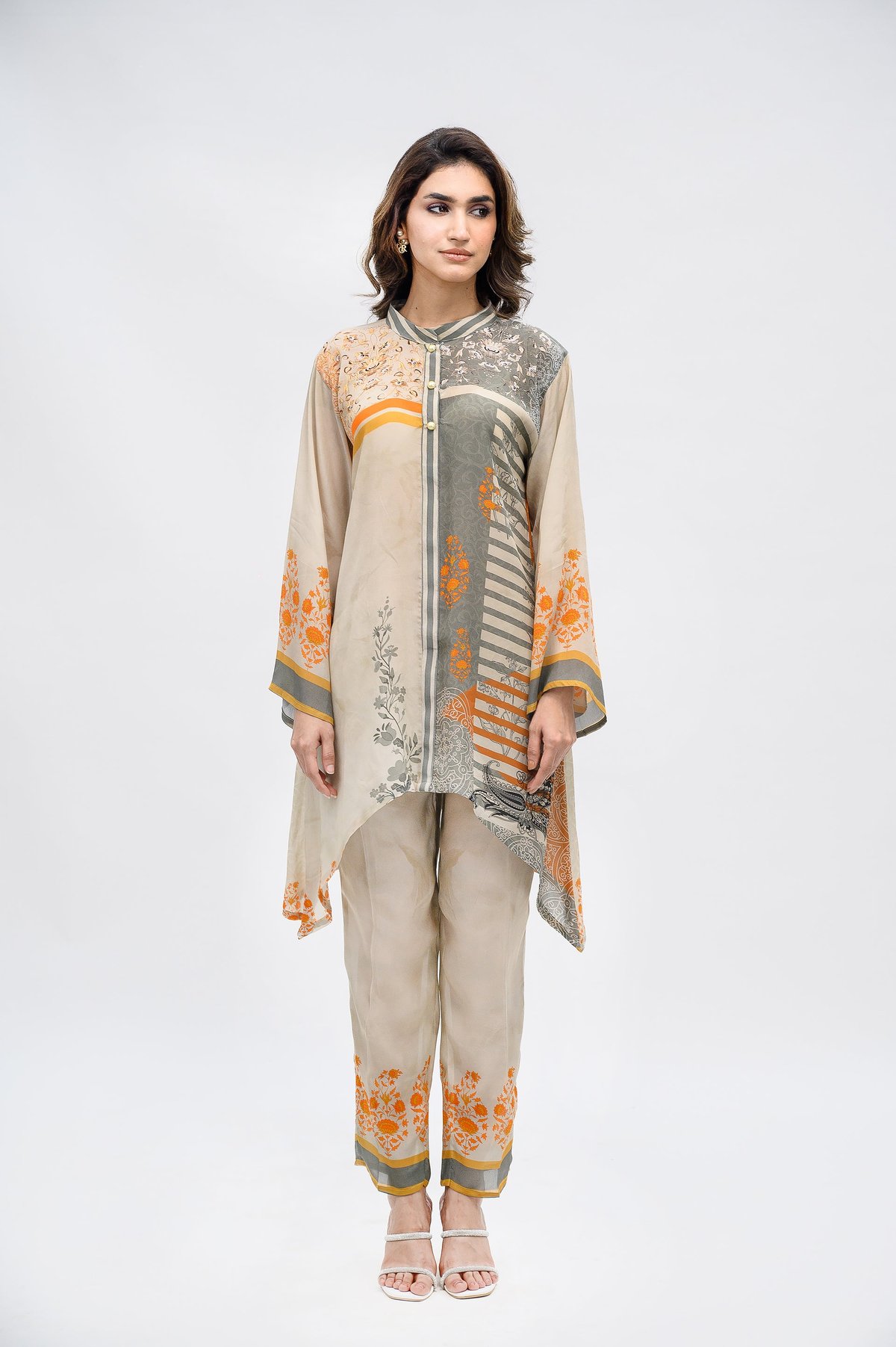 Grey and Beige Printed Asymmetric Tunic Co-ord Set