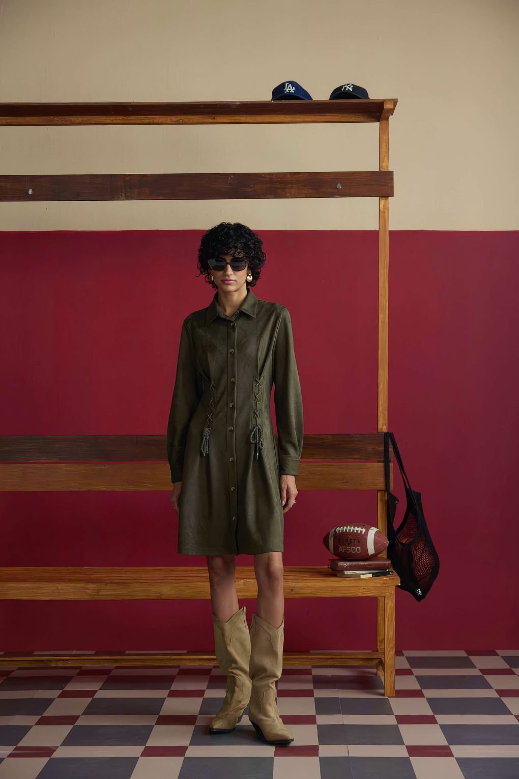 Olive Suede Shirt Dress with Waist Cinch, Knee Length