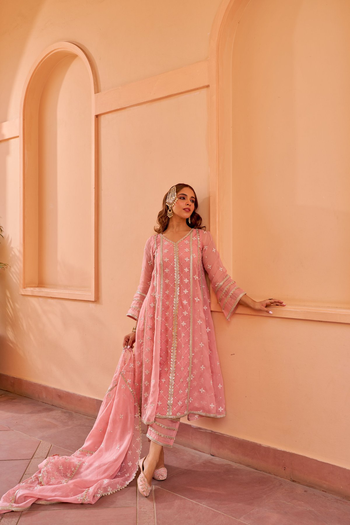 Pink Organza Anarkali Kurta Set with Dupatta