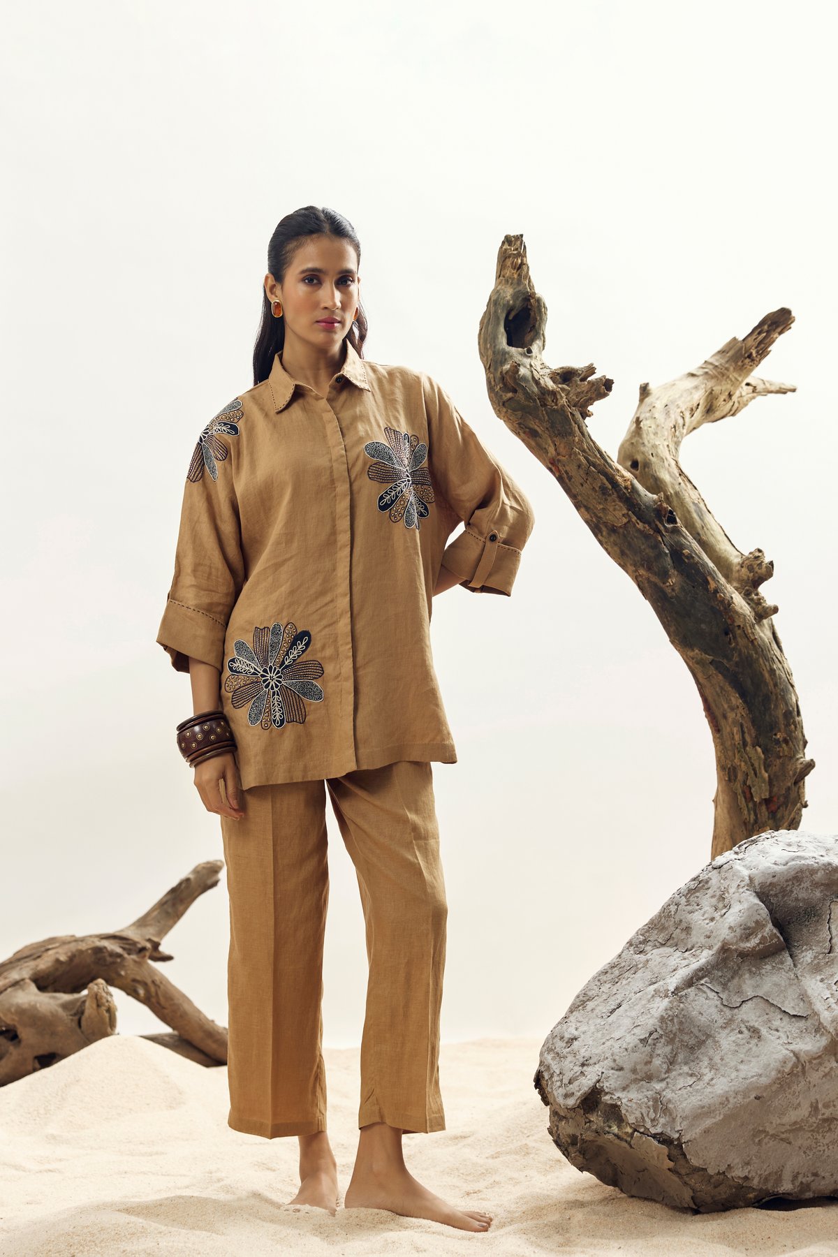 Camel Linen Embroidered Longline Shirt