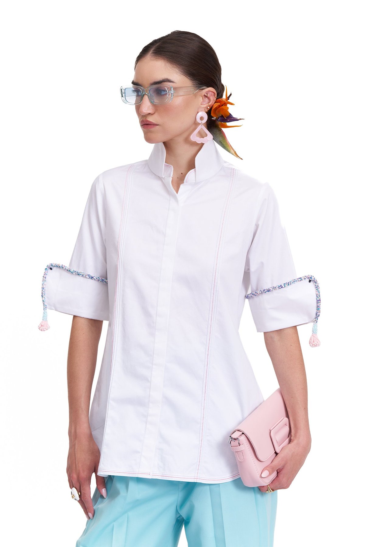 White Cotton Satin Shirt with Double Collar