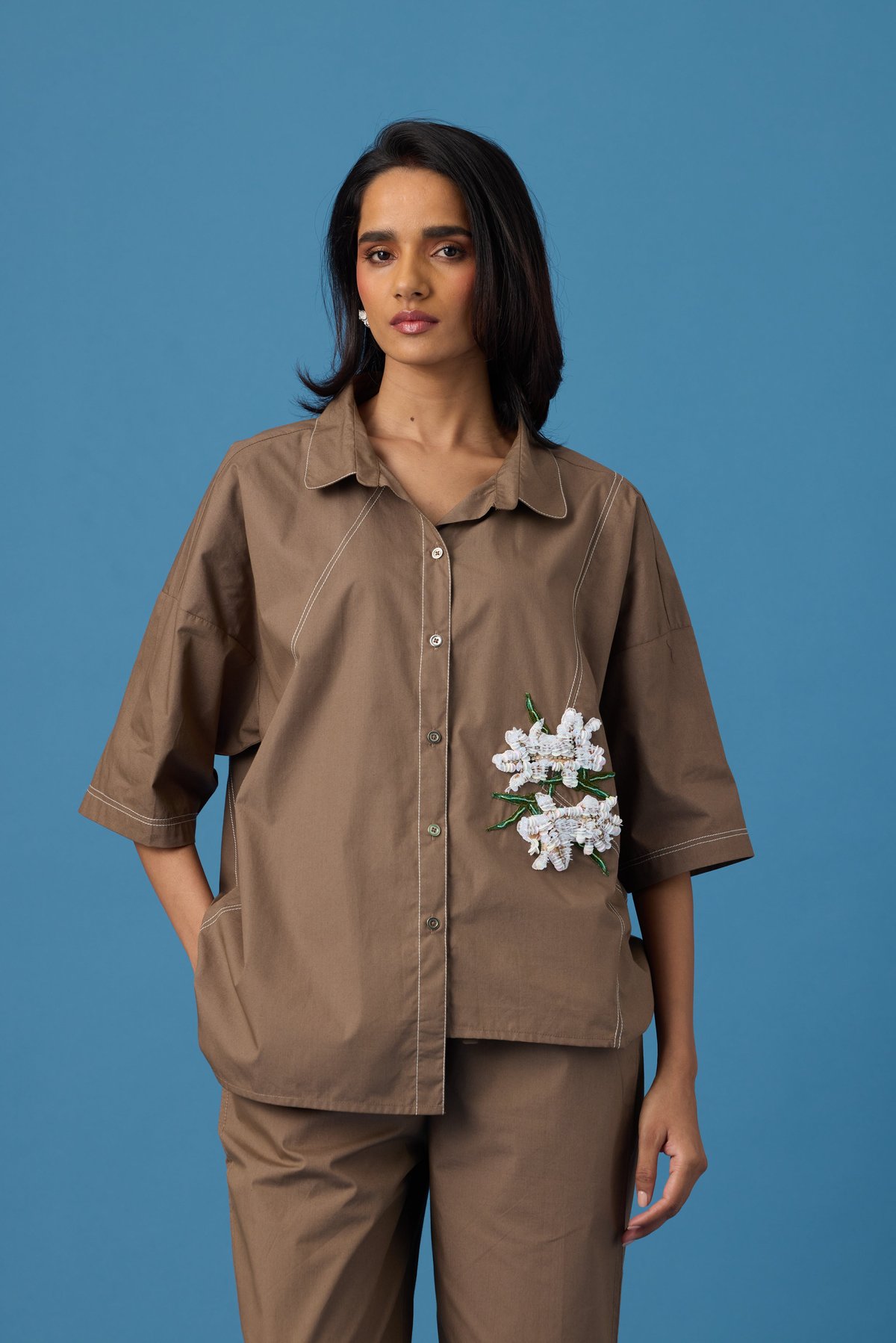 Ochre Cotton Poplin Appliqué Shirt