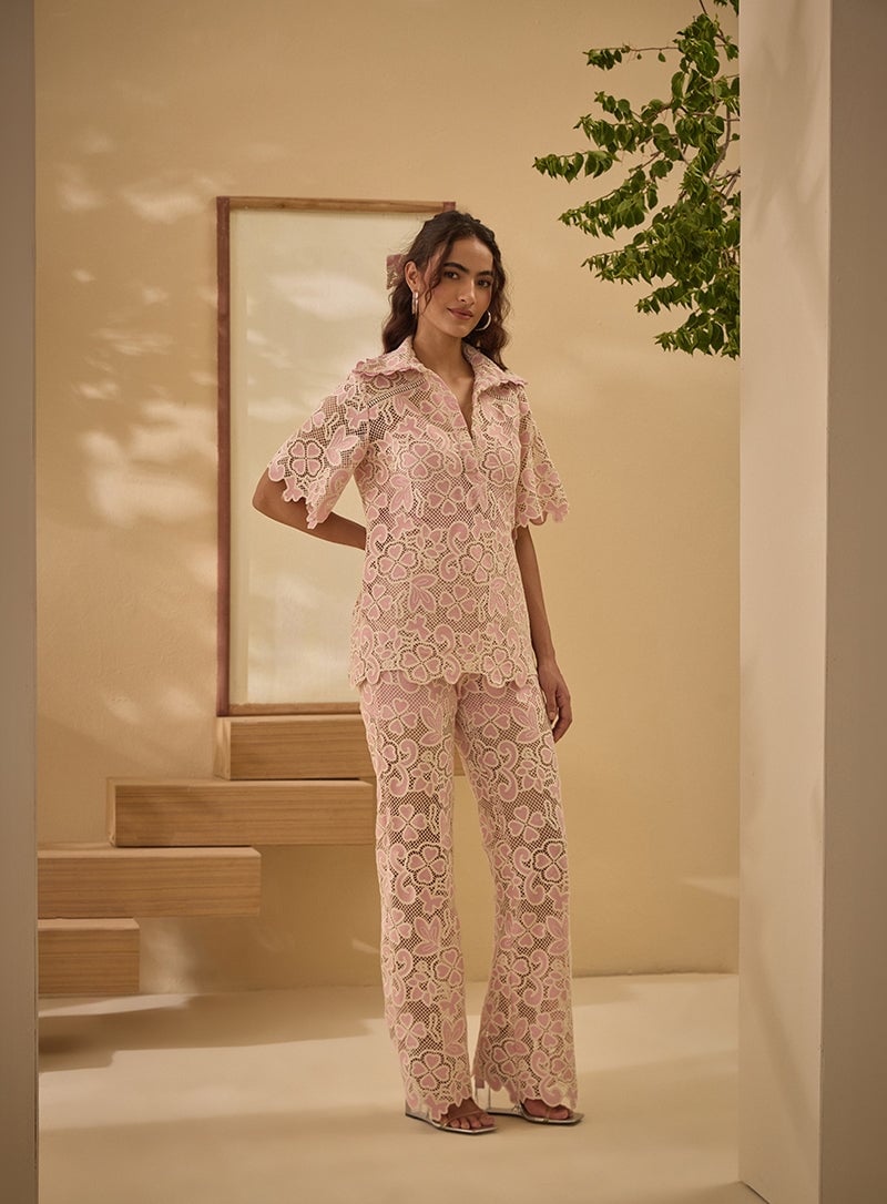 Pink Flora Mesh Lace Shirt and Flared Pants Co-ord Set
