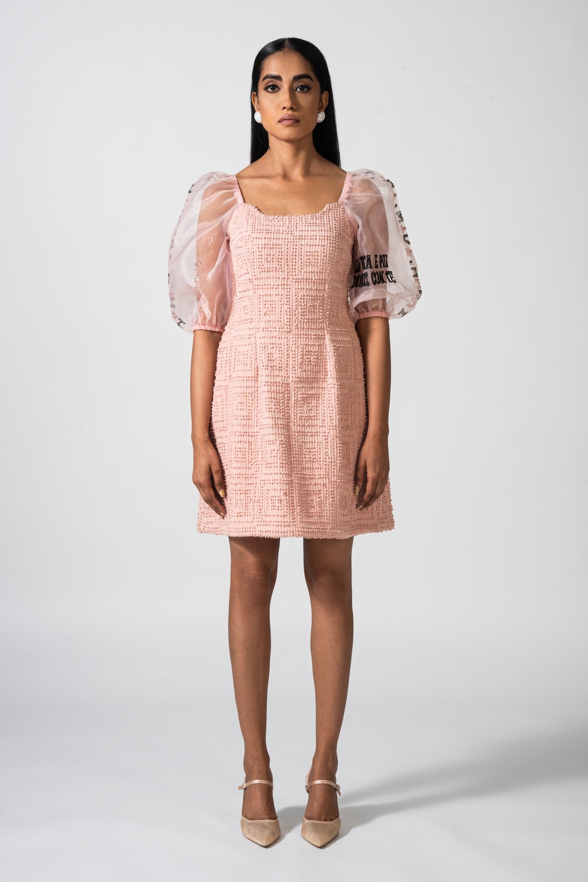 Pink A-Line Knee-Length Dress with Organza Puff Sleeves