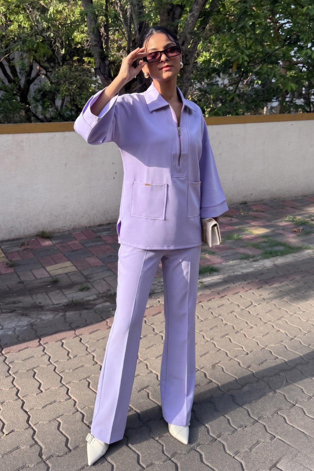 Purple Half-Zip Top and Bell-Bottom Pants Co-ord Set