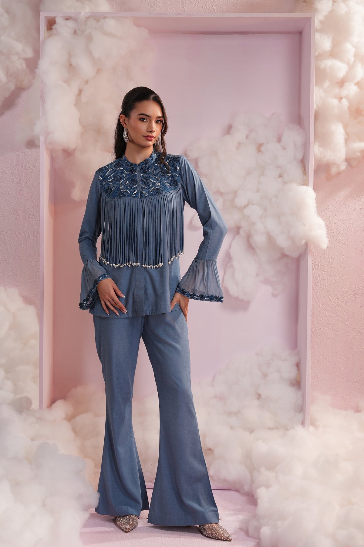 Denim Embroidered Fringe Co-ord Set with Bootcut Pants