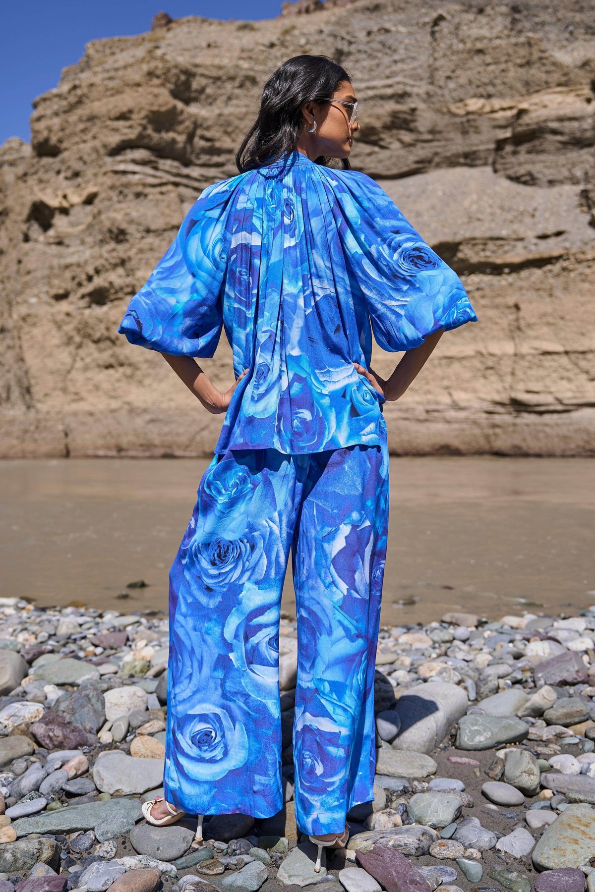 Blue Tonal Floral Tie-Neck Relaxed Fit Top