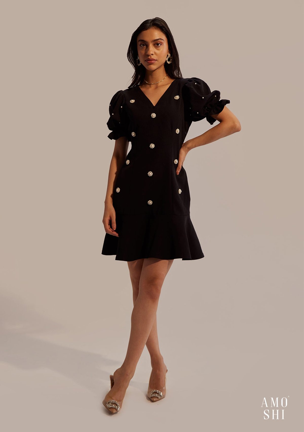 Black Mini Dress with Pearl Embellishment and Puff Sleeves