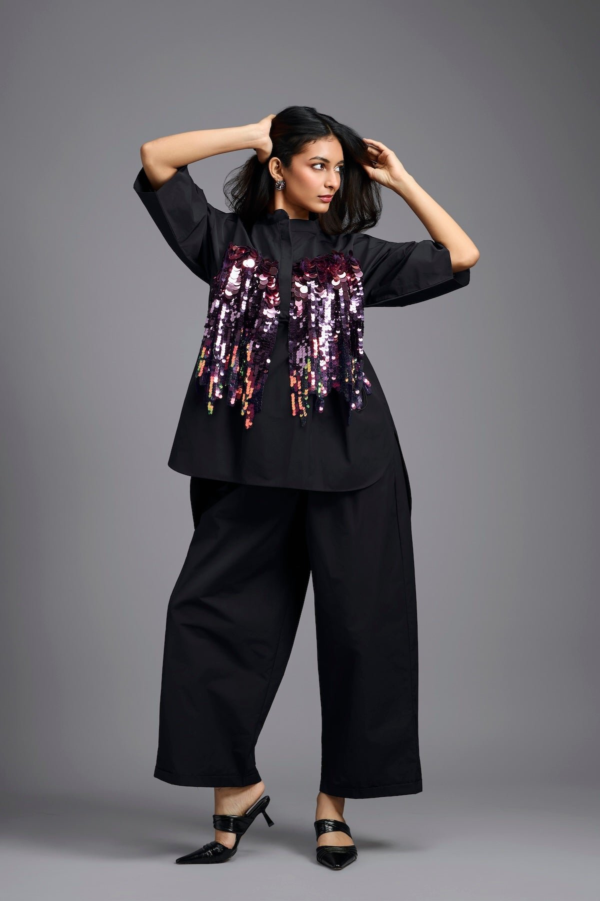 Oversized Sequin Shirt with Wide-Leg Pants