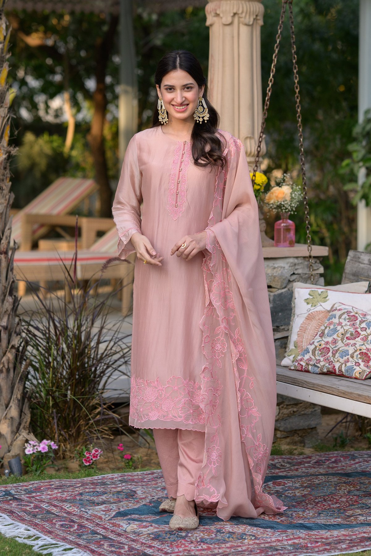 Peach Pink Organza Scallop Thread Hand Work Set