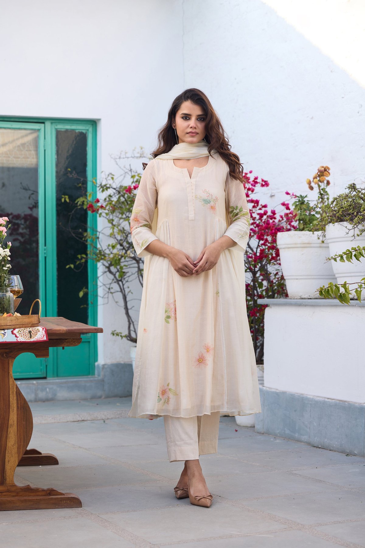 Ivory Hand-Painted Floral Chanderi Kurta Set