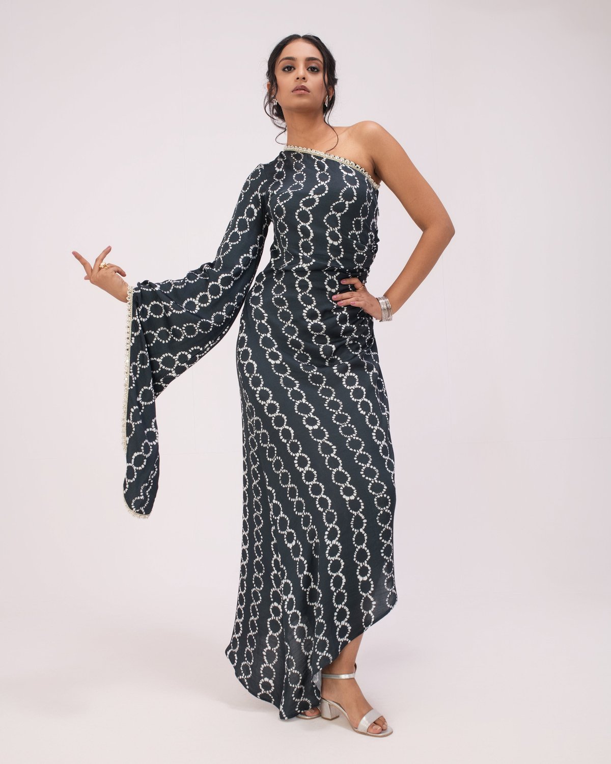 Black One-Shoulder Printed Satin Maxi Dress with Drape Sleeve