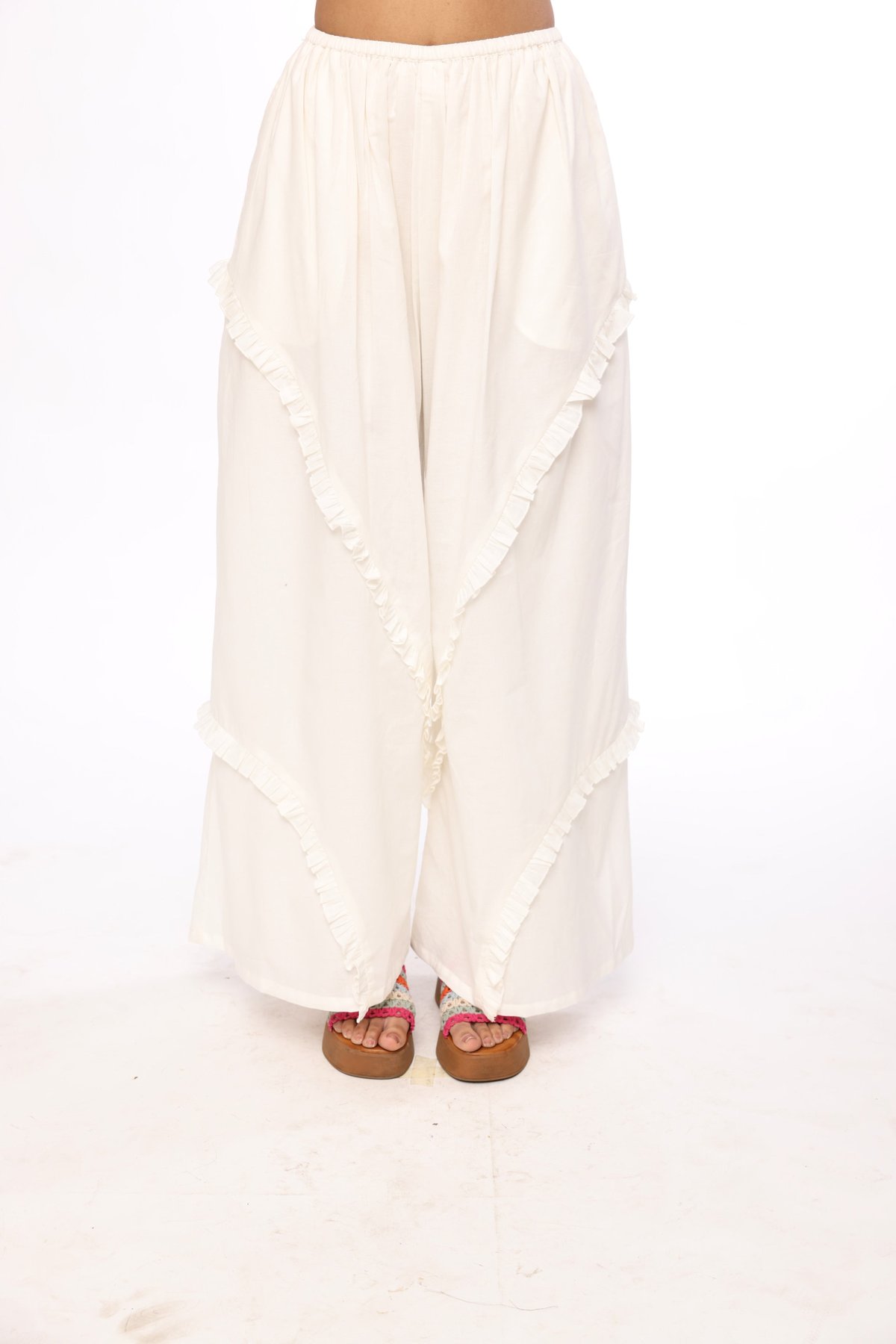 Ivory Ruffle Panel Wide-Leg Pants