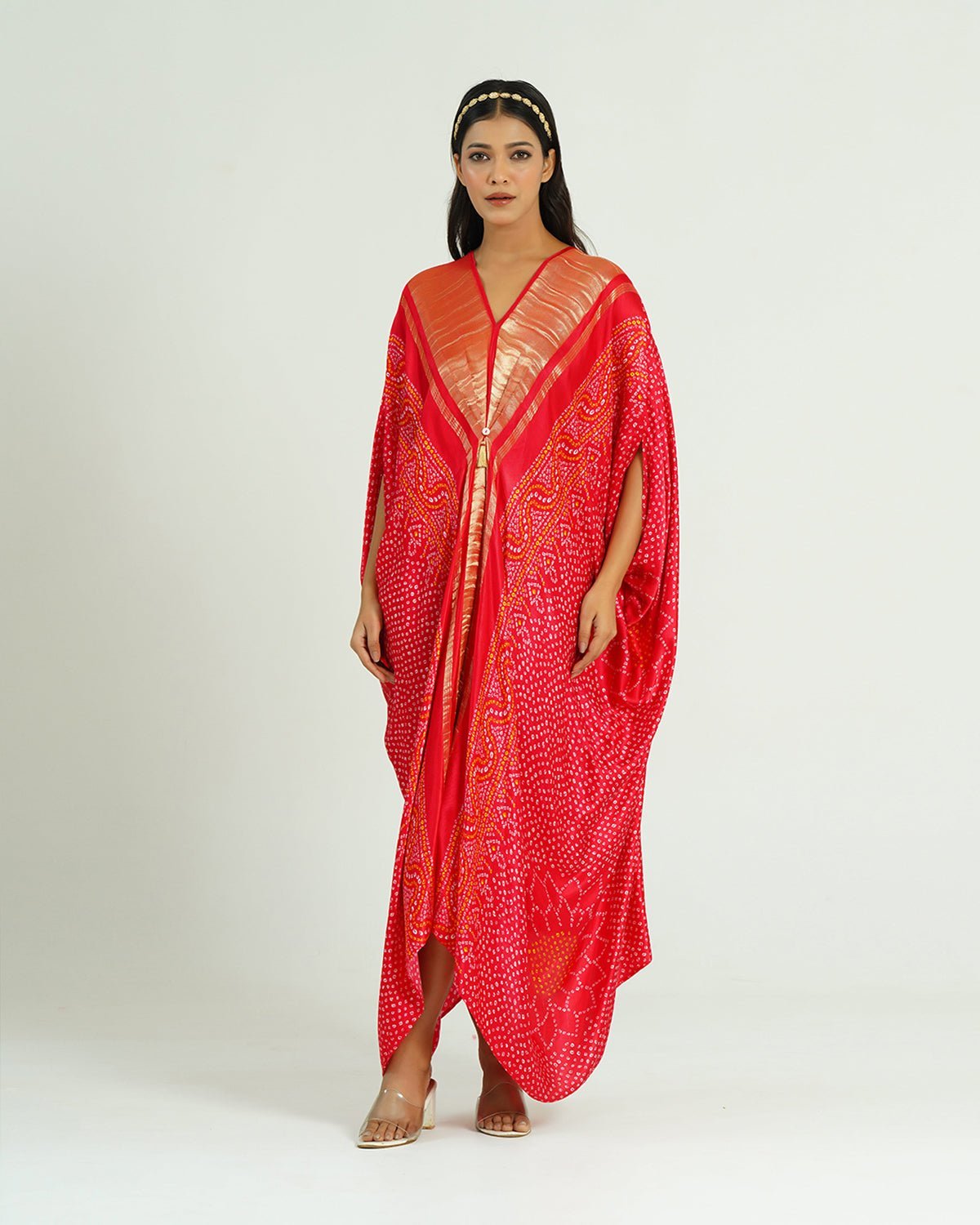 Red and Gold Bandhej Print Zari Panel Kaftan