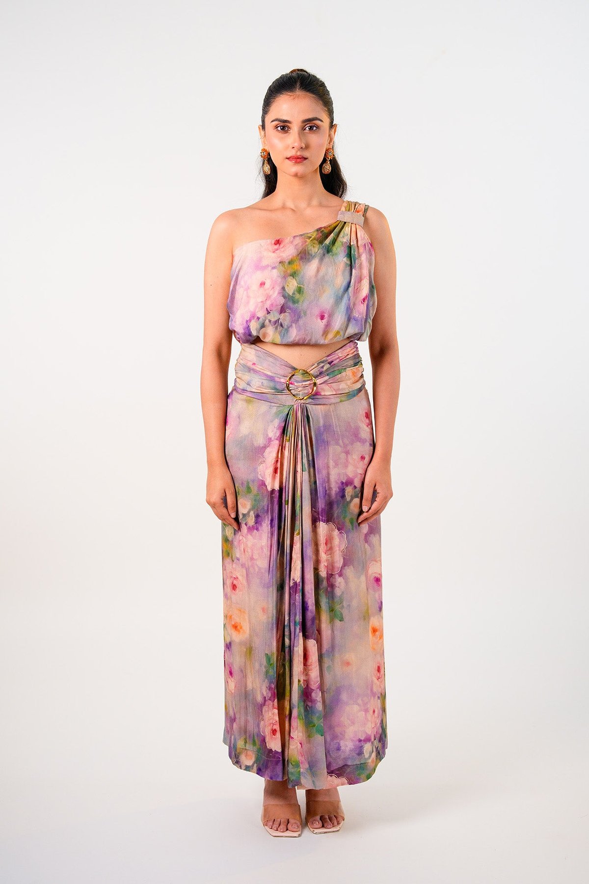 Lavender One-Shoulder Printed Co-ord Set with Maxi Skirt