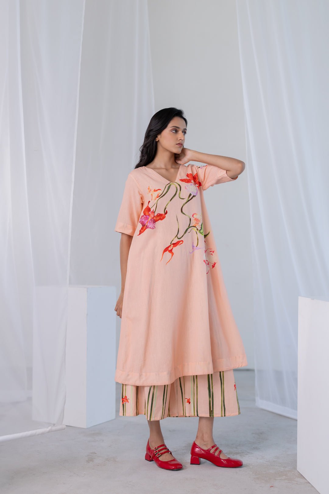 Blush Peach Orchids Kurta Set